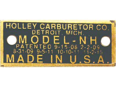 Model Carburetor Data Plate, Holley NH, Brass Finish, 1919-1922