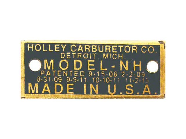 Model Carburetor Data Plate, Holley NH, Brass Finish, 1919-1922