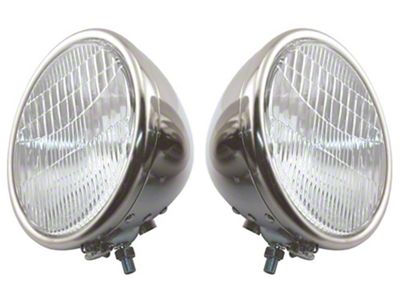 Model A Ford Headlights - Complete - Stainless Steel - 2 Bulb Type - Ford Script - 12 Volt Halogen - Turn Signals Included