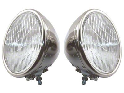 Model A Ford Headlights - Complete - Stainless Steel - 2 Bulb Type - Ford Script - 12 Volt Halogen - Turn Signals Included