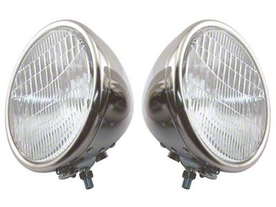 Model A Ford Headlights - Complete - Stainless Steel - 2 Bulb Type - Ford Script - 12 Volt Halogen - Turn Signals Included - Fluted Lens