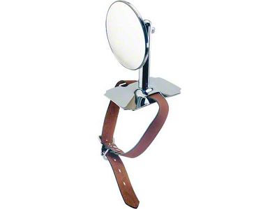 Model A Ford Spare Tire Side Mount Rear View Mirror - Chrome Base & Arm With Stainless Mirror Head - Leather Strap Mount