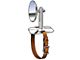 Model A Ford Spare Tire Side Mount Rear View Mirror - Chrome Base & Arm With Stainless Mirror Head - Leather Strap Mount