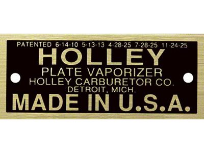 Model T Carburetor Data Plate, Holley Vaporizer, Brass Finish, 1926-1927