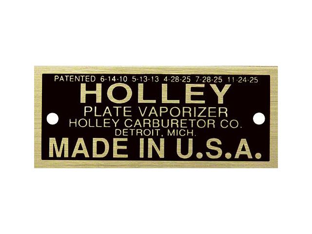 Model T Carburetor Data Plate, Holley Vaporizer, Brass Finish, 1926-1927