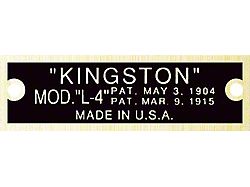 Model T Carburetor Data Plate, Kingston L4, Brass Finish, 1919-1926