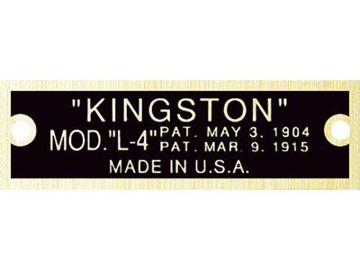 Model T Carburetor Data Plate, Kingston L4, Brass Finish, 1919-1926