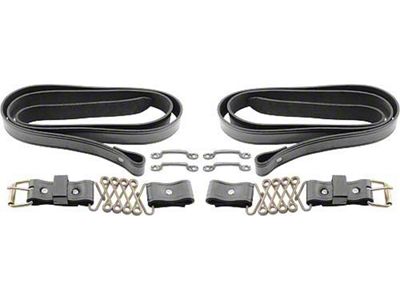 Model T Ford Hood Straps - Black Leather - Stainless Steel Springs - Brass Buckles & Footman Loops - For Speedster