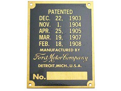 Model T Ford Serial & Patent Plate - Brass Finish