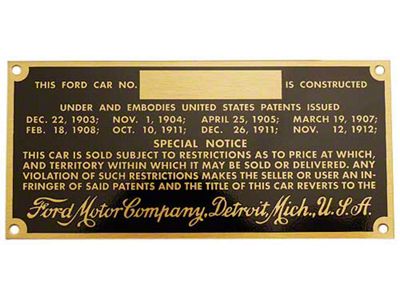 Model T Ford Serial & Patent Plate - Brass Finish