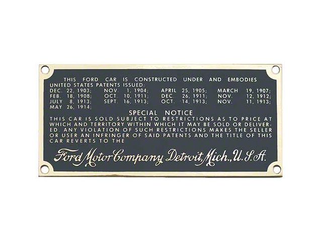 Model T Ford Serial & Patent Plate - Brass Finish