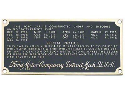 Model T Ford Serial & Patent Plate - Brass Finish