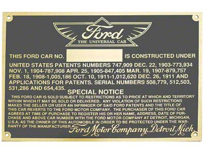 Model T Ford Serial & Patent Plate - Late 1912 Large Style - Brass Finish