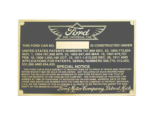 Model T Ford Serial & Patent Plate - Late 1912 Large Style - Brass Finish