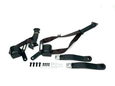Morris Classic Concepts, Full Size Chevy 3-Point Retractable Front Shoulder Harness Seat Belt Set, For Bucket Seats, Chrome Buckle, Black, 1966-1973
