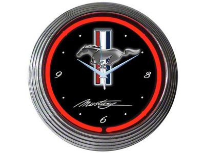 Mustang Clock, Red Neon, Mustang Script With Logo