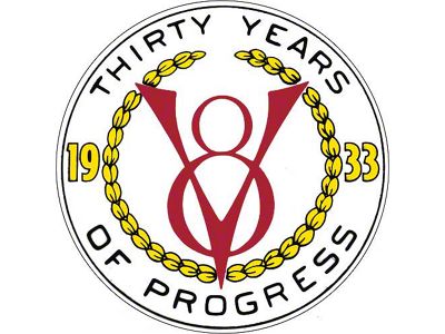 Nostalgia Decal - 1933 V8 - Thirty Years Of Progress - 2-3/4 Tall