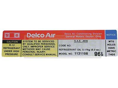 Nova Air Conditioning Compressor Decal, Delco Compressor 1131198, 1979