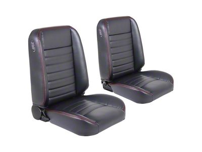 Cruiser Collection Classic Bucket Seats with Seat Mounting Brackets; Black Madrid Vinyl with Red Stitching (66-67 Chevy II)