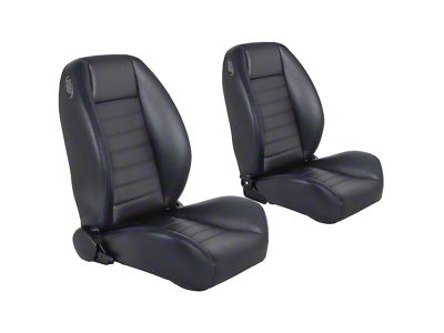 Cruiser Collection Low Back Bucket Seats with Seat Mounting Brackets; Black Madrid Vinyl with Blue Stitching (66-67 Chevy II)