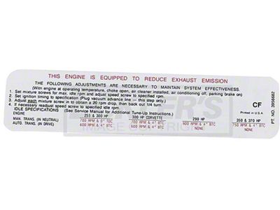 Nova Emission Decal, 255/300 Hp, Automatic Or Manual Transmission, Code CF, 1969