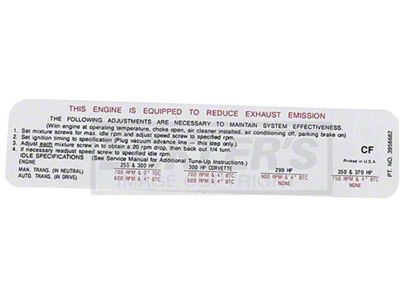 Nova Emission Decal, 255/300 Hp, Automatic Or Manual Transmission, Code CF, 1969