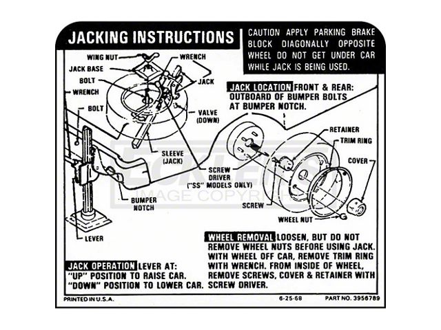 Nova Jack Instruction Decal, Regular Wheel, 1970-1971