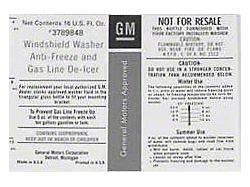 Nova Windshield Washer Decal, GM Replacement Windshield Filler Bottle, 1966-1972
