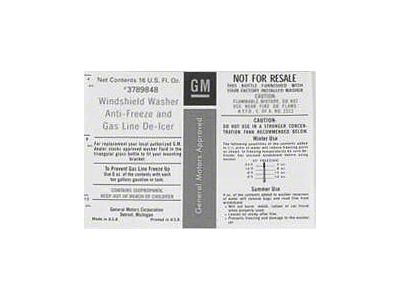 Nova Windshield Washer Decal, GM Replacement Windshield Filler Bottle, 1966-1972
