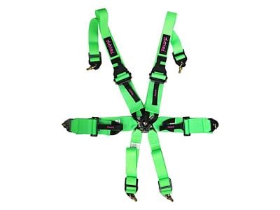 NRG Innovations FIA HANS Approved 6-Point Rotary Cam-Lock Racing Seat Belt Harness; Neon Green with Prisma Logo (Universal; Some Adaptation May Be Required)
