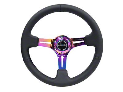 NRG Innovations 350mm 3-Inch Deep Dish Steering Wheel; Black Leather with Black Stitching and Neochrome Spokes (Universal; Some Adaptation May Be Required)