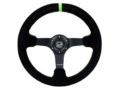 NRG Innovations 350mm 3-Inch Deep Dish Steering Wheel; Black Suede with Neon Green Stitching and Center Mark (Universal; Some Adaptation May Be Required)