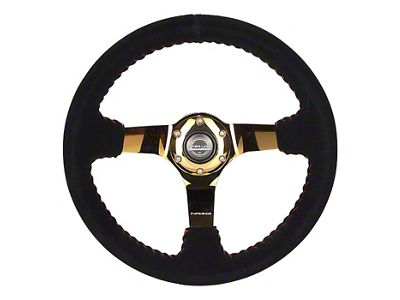 NRG Innovations 350mm 3-Inch Deep Dish Steering Wheel; Black Suede with Red Stitching and Chrome Gold Spokes (Universal; Some Adaptation May Be Required)