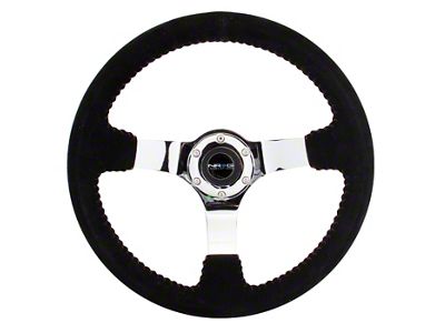 NRG Innovations 350mm 3-Inch Deep Dish Steering Wheel; Black Suede with Red Stitching and Chrome Spokes (Universal; Some Adaptation May Be Required)