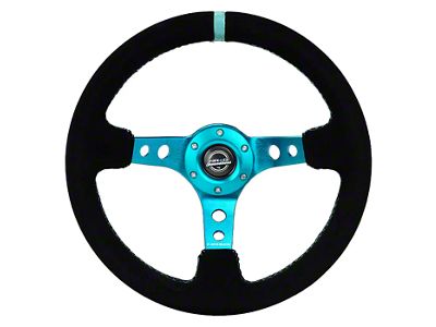 NRG Innovations 350mm 3-Inch Deep Dish Steering Wheel; Black Suede with Teal Center Mark, Stitching and Center Spoke (Universal; Some Adaptation May Be Required)