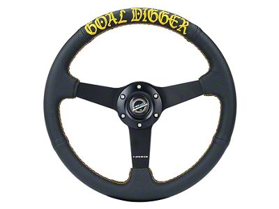 NRG Innovations 350mm Flat Steering Wheel; Black Perforated Leather and Goal Digger Gold Stitching (Universal; Some Adaptation May Be Required)