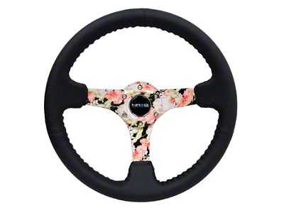 NRG Innovations 350mm 3-Inch Deep Dish Steering Wheel; Black Leather with Black Stitching and Hydro-Dripped Floral Spokes (Universal; Some Adaptation May Be Required)