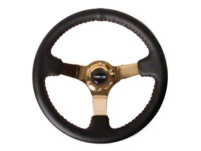 NRG Innovations 350mm 3-Inch Deep Dish Steering Wheel; Black Leather with Red Stitching and Chrome Gold Spokes (Universal; Some Adaptation May Be Required)