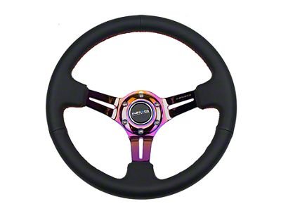 NRG Innovations 350mm 3-Inch Deep Dish Steering Wheel; Black Leather with Red Stitching and Neochrome Spokes (Universal; Some Adaptation May Be Required)