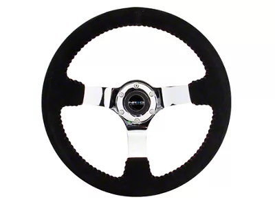 NRG Innovations 350mm 3-Inch Deep Dish Steering Wheel; Black Suede with Red Stitching and Chrome Spokes (Universal; Some Adaptation May Be Required)