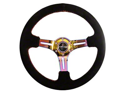 NRG Innovations 350mm 3-Inch Deep Dish Steering Wheel; Black Suede with Red Stitching and Neochrome Spokes (Universal; Some Adaptation May Be Required)