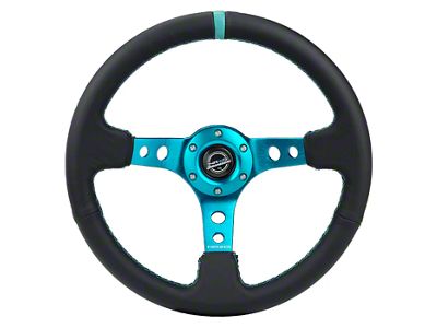 NRG Innovations 350mm 3-Inch Deep Dish Steering Wheel; Black Leather with Teal Center Mark, Stitching and Center Spoke (Universal; Some Adaptation May Be Required)