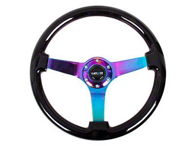 NRG Innovations Wood Grain 350mm 3-Inch Deep Dish Steering Wheel; Black and Neochrome (Universal; Some Adaptation May Be Required)