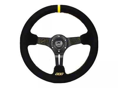 NRG Innovations Zwing 350mm 3-Inch Deep Dish Steering Wheel; Black Suede with Gold Stitching (Universal; Some Adaptation May Be Required)