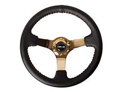 NRG Innovations 350mm 3-Inch Deep Dish Steering Wheel; Black Leather with Red Stitching and Chrome Gold Spokes (Universal; Some Adaptation May Be Required)