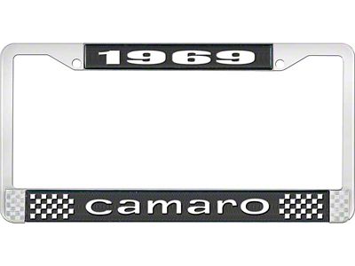 1969 Camaro Style1 License Plate Frame - Black and Chrome with White Lettering