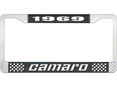 1969 Camaro Style2 License Plate Frame - Black and Chrome with White Lettering