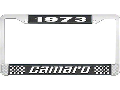 1973 Camaro Style2 License Plate Frame - Black and Chrome with White Lettering