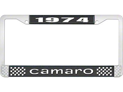 1974 Camaro Style1 License Plate Frame - Black and Chrome with White Lettering