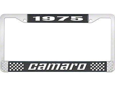 1975 Camaro Style2 License Plate Frame - Black and Chrome with White Lettering